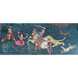 Framed -Mughal Hand Painted Silk Art -Tiger Hunt -Indian Asian Art 15"x40"